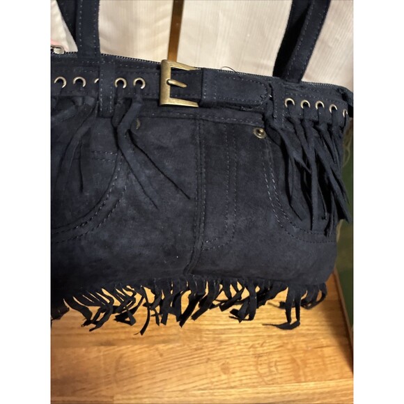 Black Fringe Boho Western Purse Shoulder Handbag 2 straps Faux Suede Belt - Picture 7 of 16